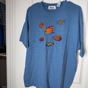 Ashley Hill Women's Vintage T-shirt Embroidered Tropical Fish Size XL Colorful